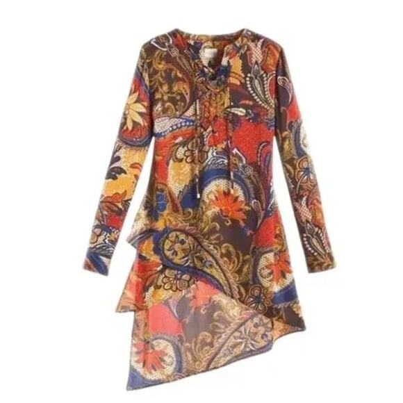 Chico's Paisley Asymmetrical Lace Up Blouse Top Sz XL Multicolor Bohemian Hippie - Picture 2 of 9